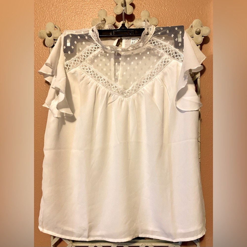 White flutter sleeve blouse with Victorian lace and keyhole back